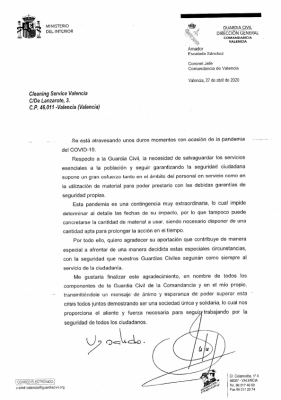 La Guardia Civil agradece el esfuerzo realizado por Cleaning Service Valencia